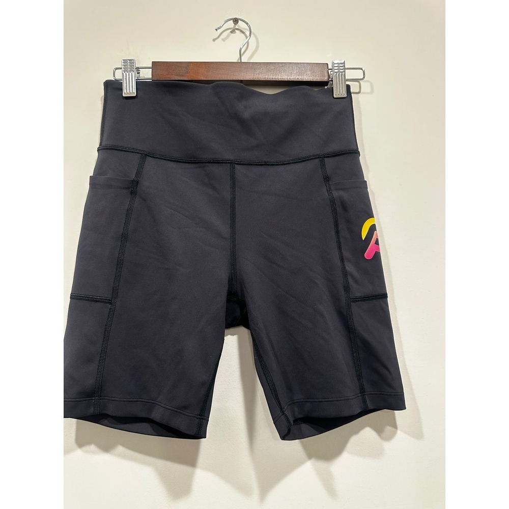 Peloton Womens Black High Waisted Biker Shorts Side Pockets Logo Size M